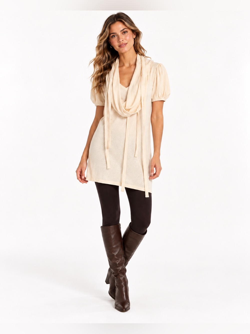 BCBGMAXAZRIA Silk Cashmere Hooded Tunic Dress Cream Soft Draped Cowl Neck
